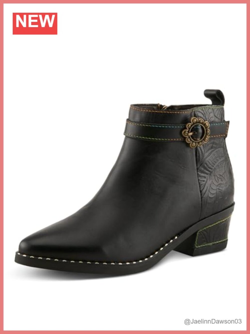 Embossed Floral Leather Ankle Boots Pointed Toe